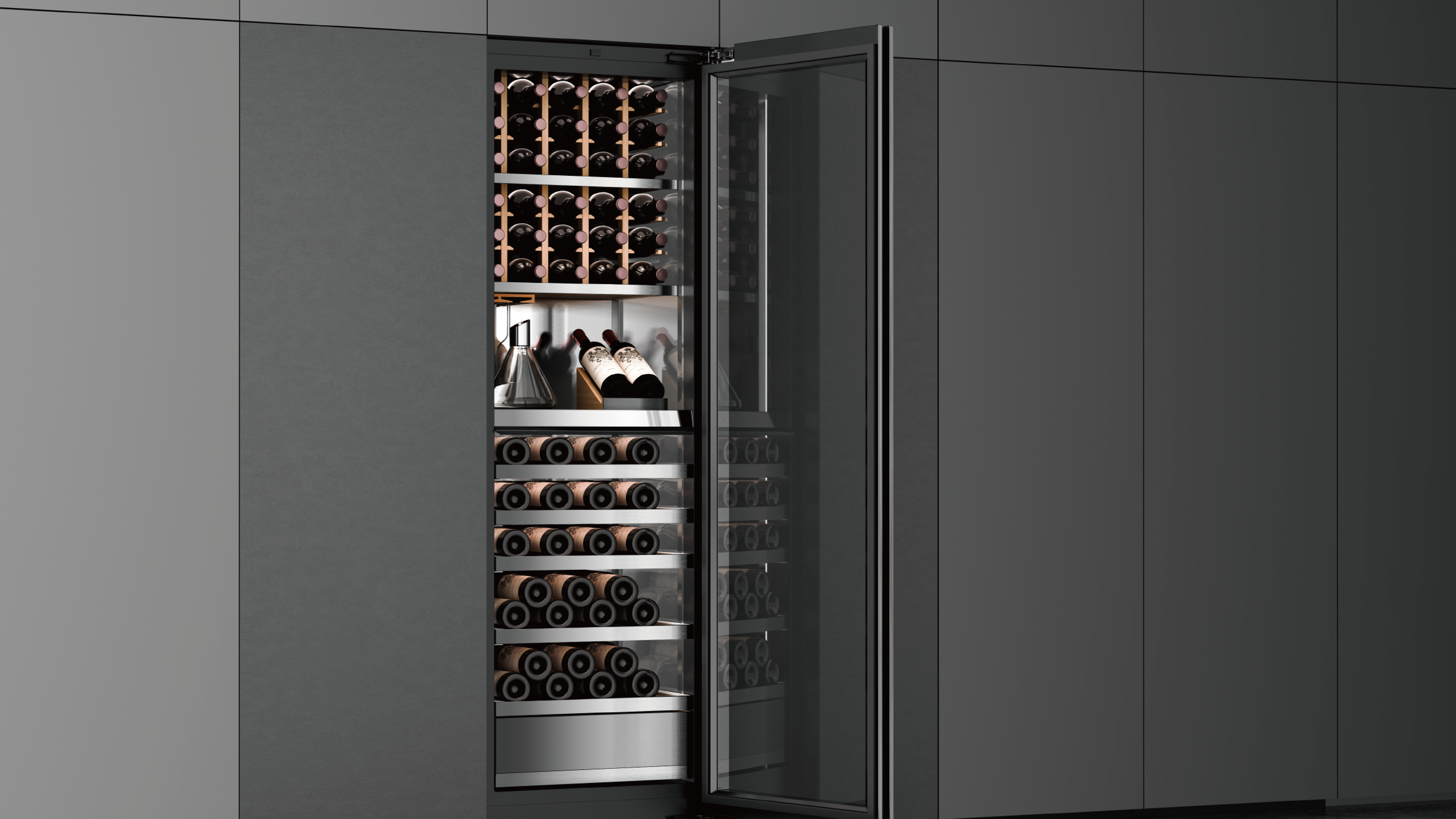 COLMO Wine Cooler 420 opened with illuminated wine racks
